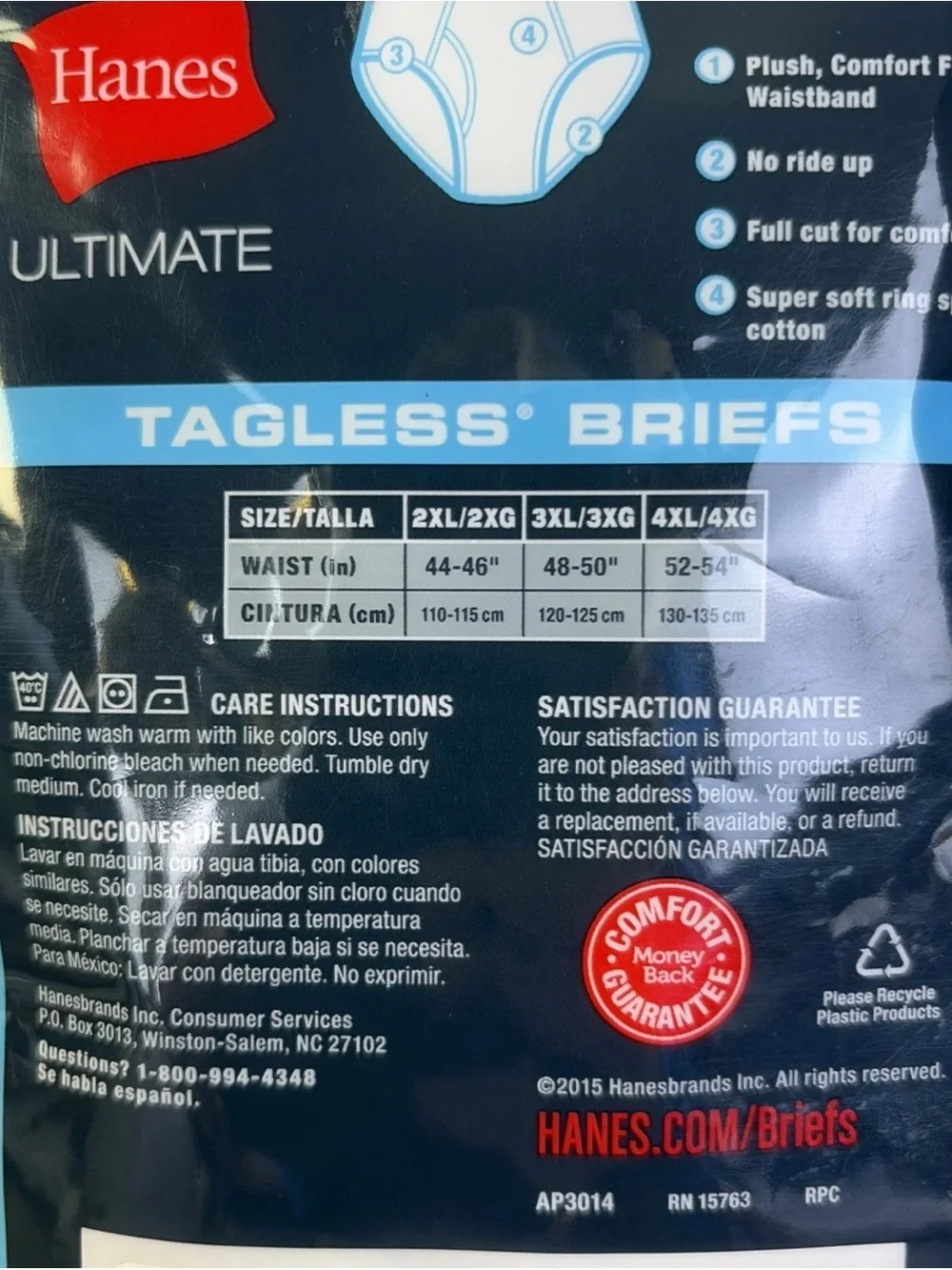 3 Pack White Hanes Men's Size 3X Big Man Ultimate Tagless Briefs Comfort Flex